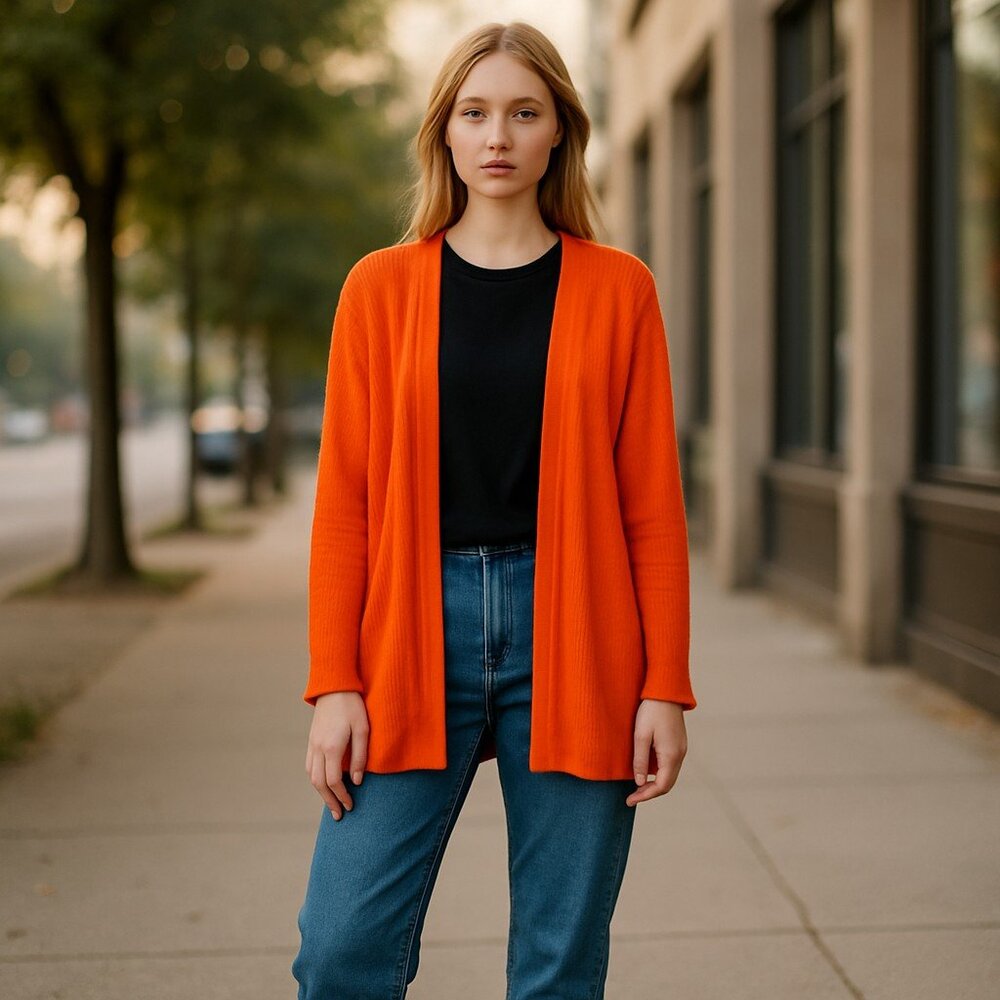 NWT ZARA Lightweight Pleated Open Front Cardigan Orange Small